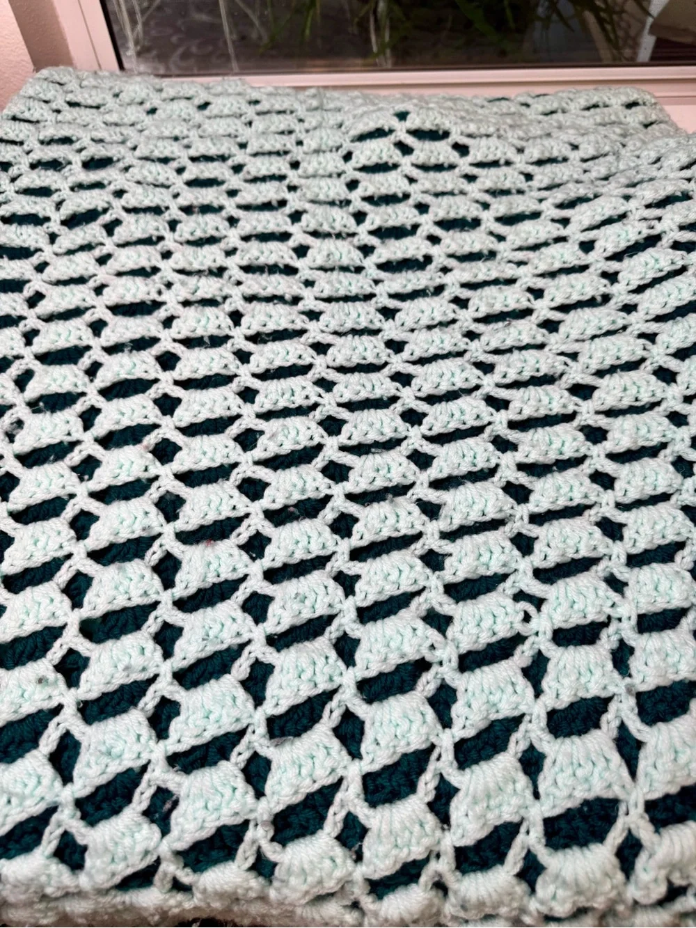 Handmade Crochet Open Weave Throw - Deep Teal 66”x44”.